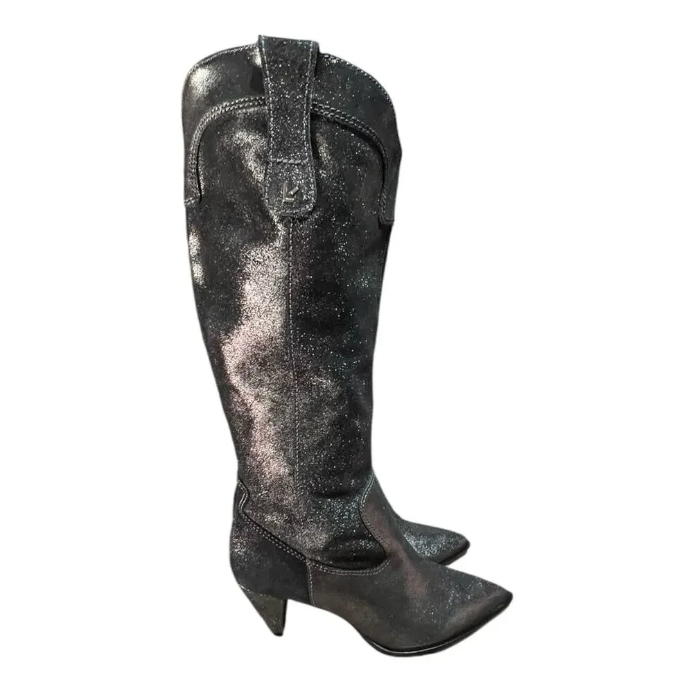 Larroude Louise Boots in Shine Graphite Metallic Suede Leather Size 8.5 - Picture 3 of 8